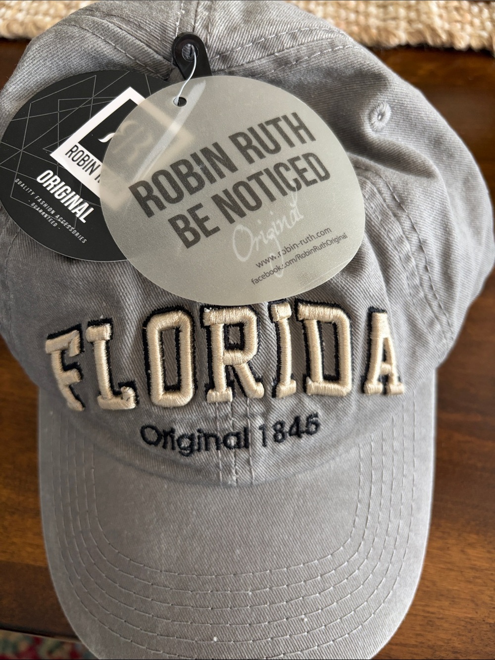 NWT Robin Ruth Gray Baseball Cap with Cream Embroidered "FLORIDA"